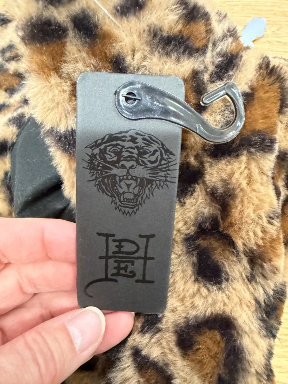 Ed Hardy Leopard Bucket Hat Faux Fur Charm Chain Y2K Streetwear OS